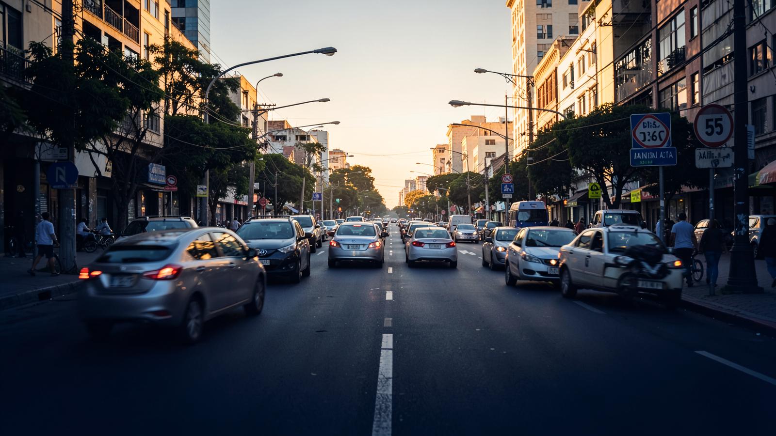 Avenida movimentada com veículos e sinalização de trânsito no fim da tarde